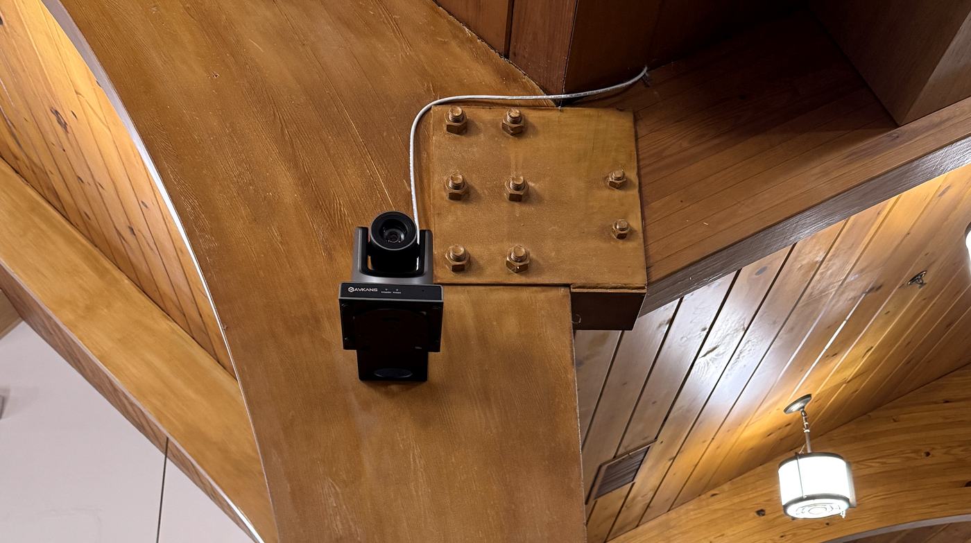 PTZ streaming camera mounted on a sanctuary beam, installed by Allied Technologies
