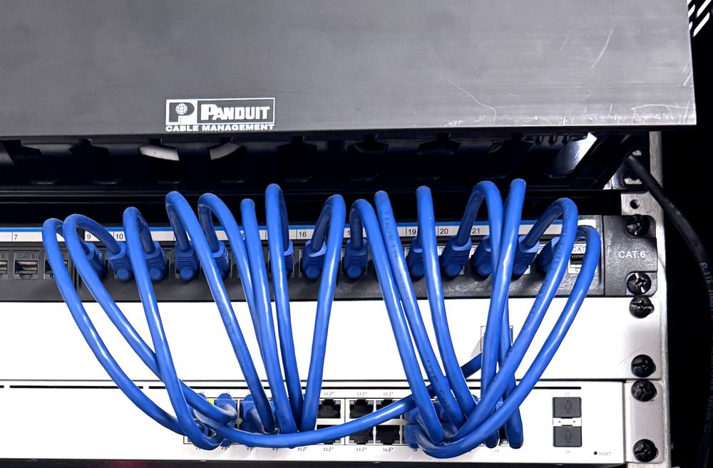 Cat6 patch panel and network switch in a rack installed by Allied Technologies, with dressed cable and Panduit cable management